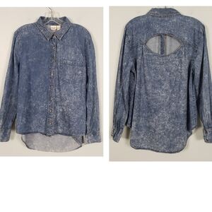 MUDD Acid Washed Cutout Back Hi Low Hem Button Down Denim Shirt Sz XL